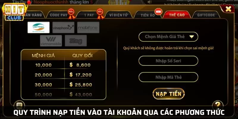 Chọn phương thức giao dịch nạp tiền Hitclub